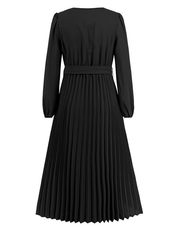 V-neck lace pleated dress mid-length A-line skirt
