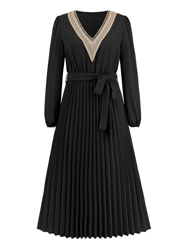 V-neck lace pleated dress mid-length A-line skirt