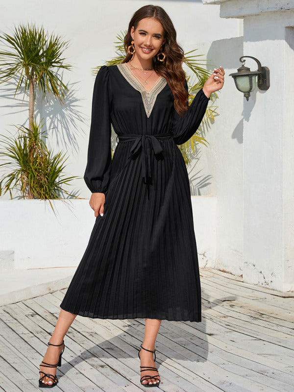 V-neck lace pleated dress mid-length A-line skirt