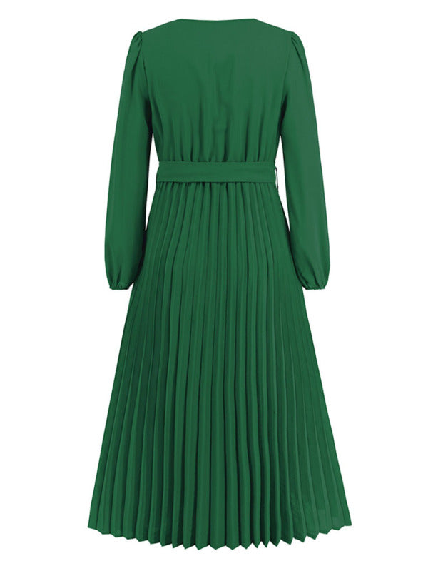 V-neck lace pleated dress mid-length A-line skirt
