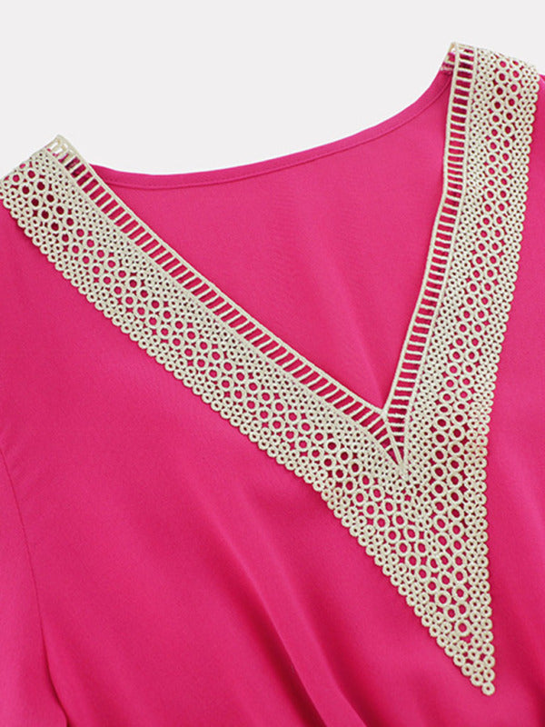 V-neck lace pleated dress mid-length A-line skirt