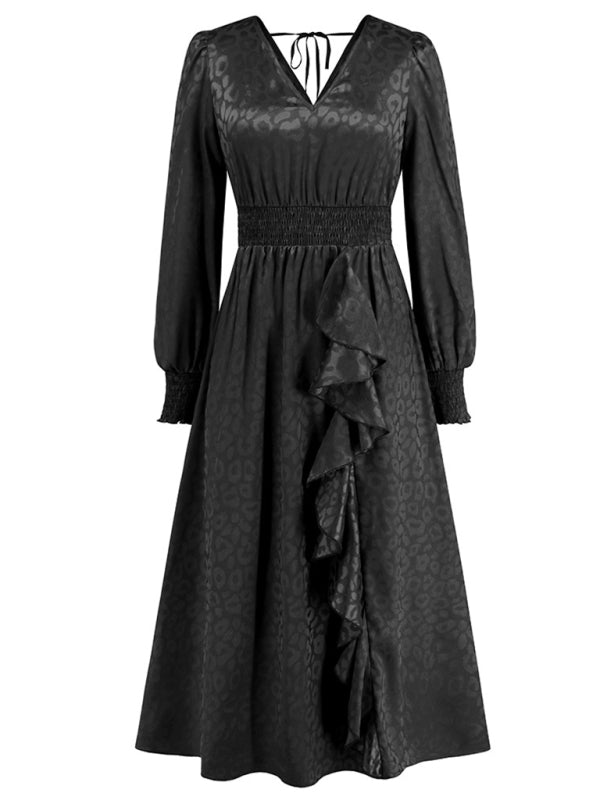 V-neck long-sleeved leopard print ruffle dress