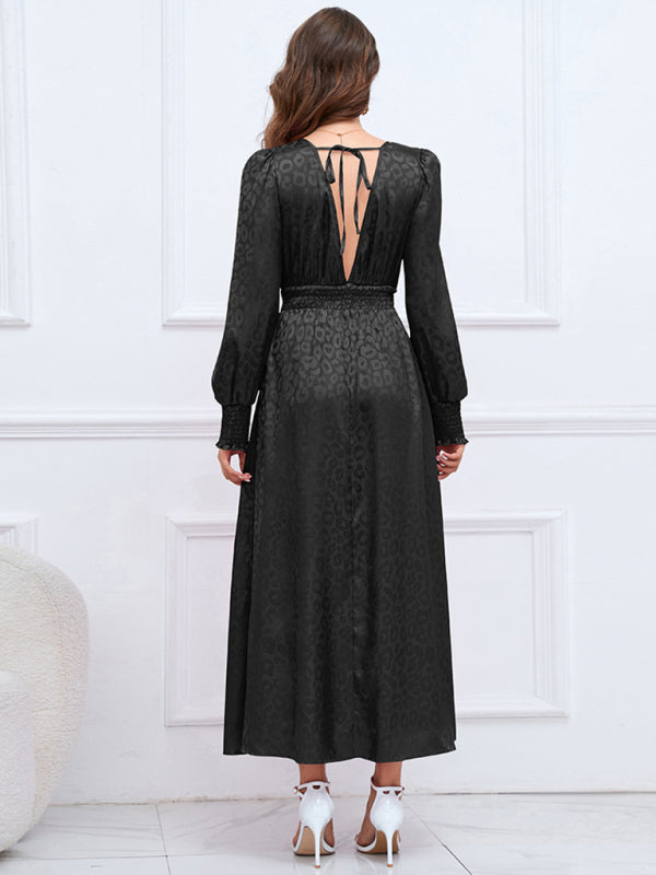 V-neck long-sleeved leopard print ruffle dress