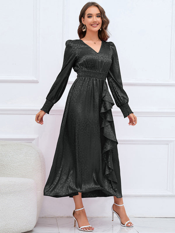 V-neck long-sleeved leopard print ruffle dress