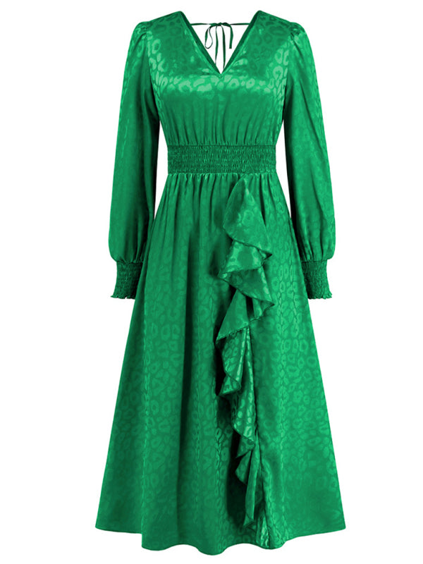 V-neck long-sleeved leopard print ruffle dress