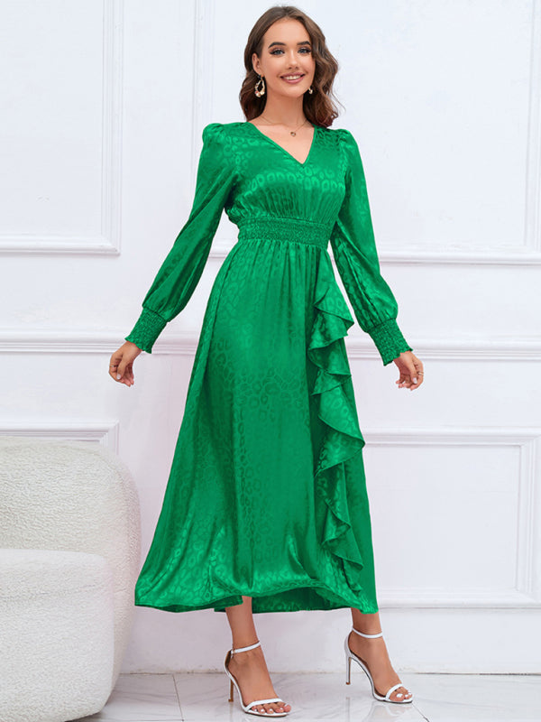 V-neck long-sleeved leopard print ruffle dress