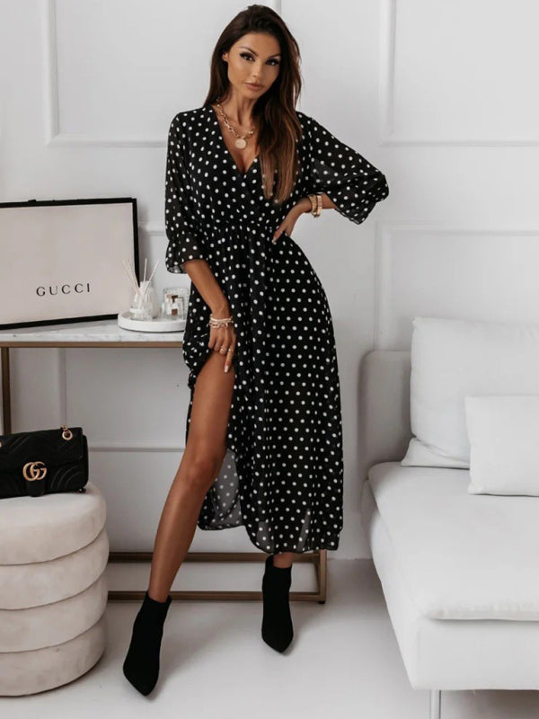 V-neck slim fit side slit chiffon print dress