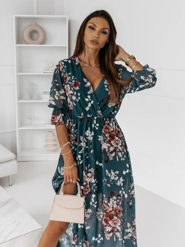 V-neck slim fit side slit chiffon print dress