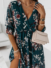 V-neck slim fit side slit chiffon print dress