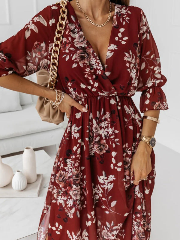 V-neck slim fit side slit chiffon print dress