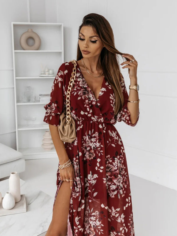 V-neck slim fit side slit chiffon print dress