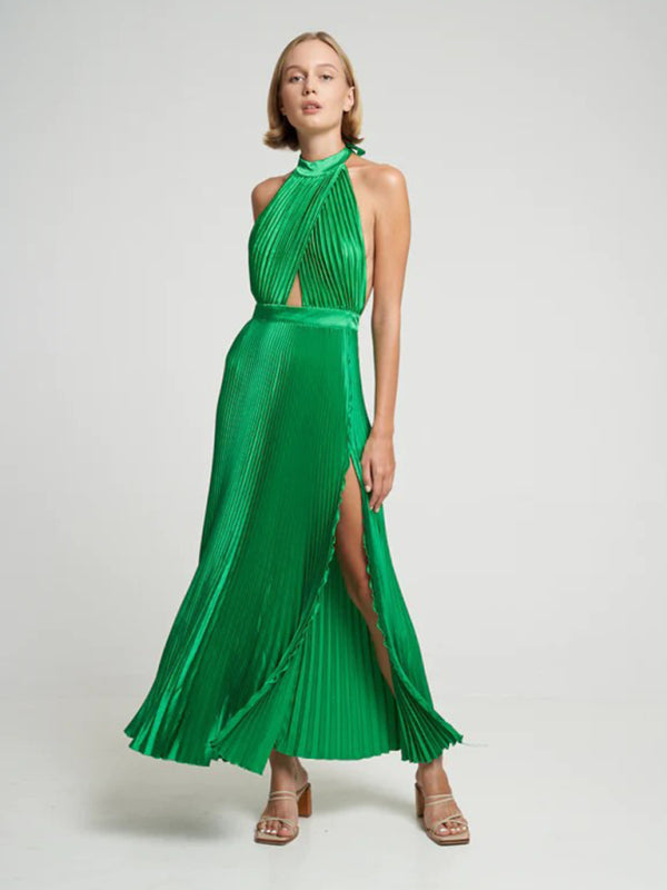 Sleeveless halterneck lace-up slim fit pleated dress