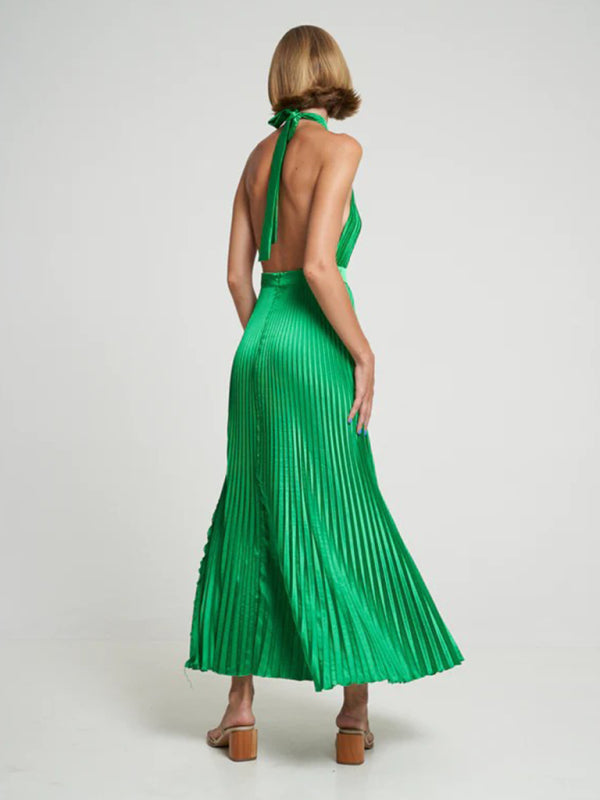 Sleeveless halterneck lace-up slim fit pleated dress
