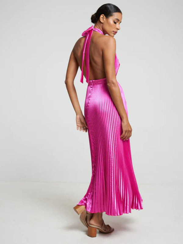 Sleeveless halterneck lace-up slim fit pleated dress