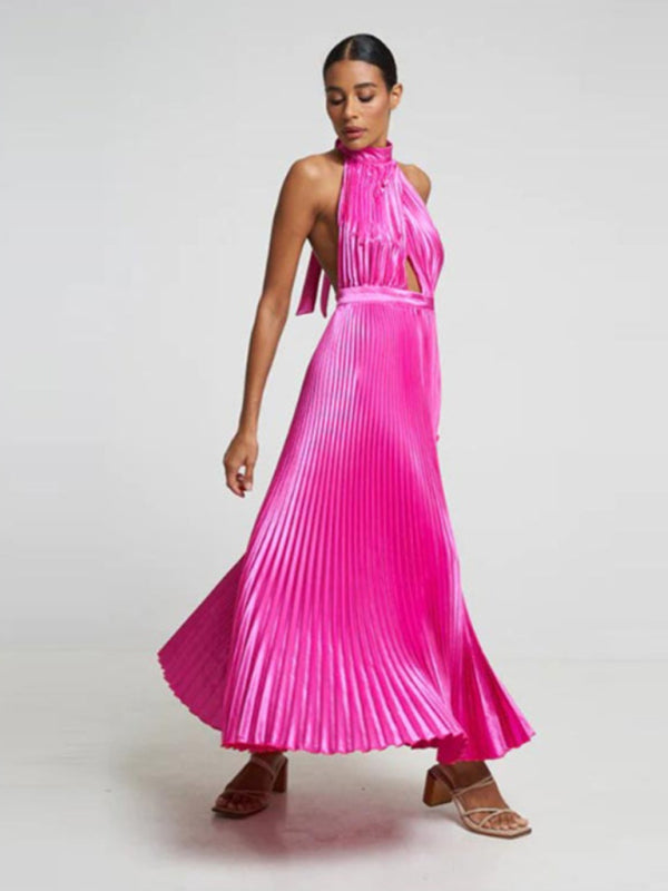 Sleeveless halterneck lace-up slim fit pleated dress