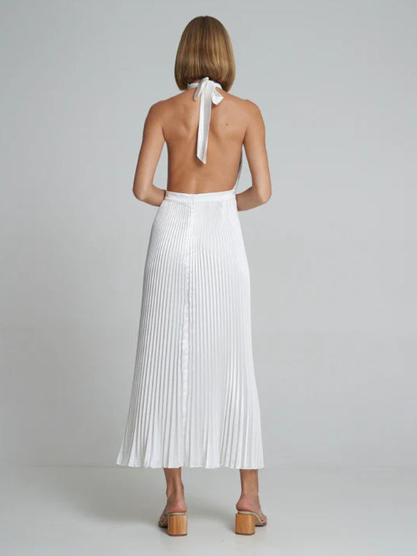 Sleeveless halterneck lace-up slim fit pleated dress