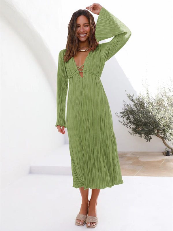 Women's lace-up pleated bell sleeve dress