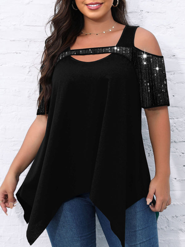 Short-sleeved women's sequined hollow Irregular wide hem T-shirt