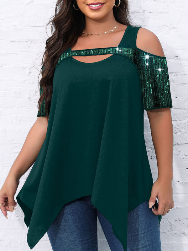 Short-sleeved women's sequined hollow Irregular wide hem T-shirt