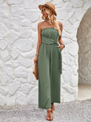 Solid color tube top and waist slim fit jumpsuit