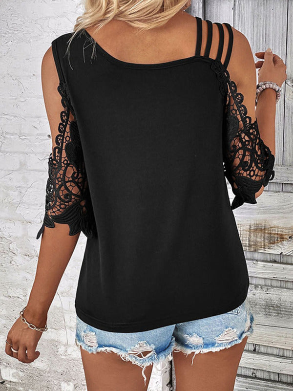 Women's lace patchwork knitted top with off-shoulder sleeves