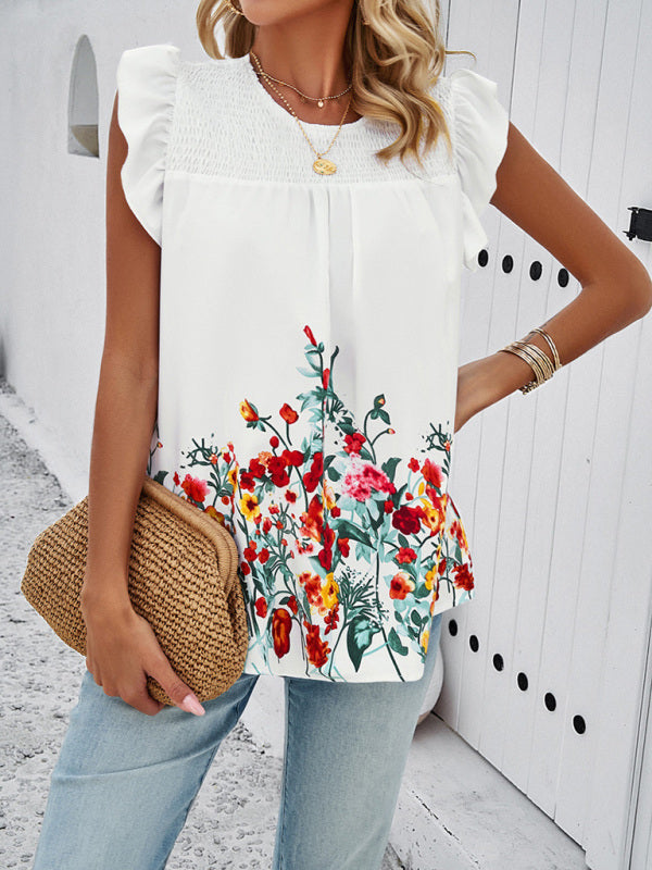 Temperamental casual printed round neck ruffle top