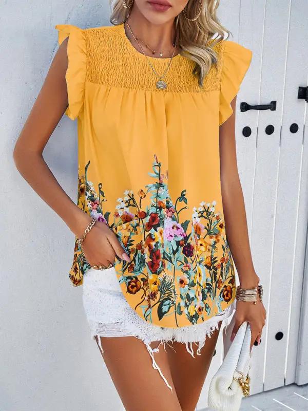 Temperamental casual printed round neck ruffle top