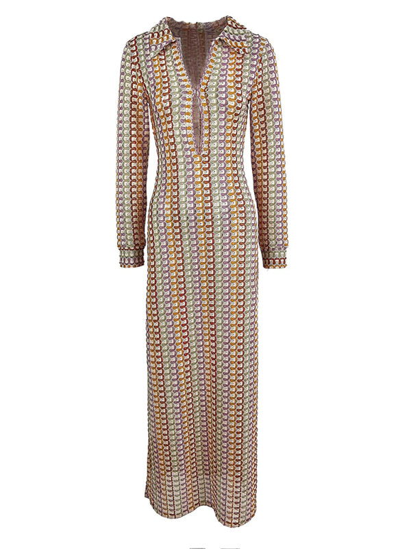 Women's hollow low-cut V-neck slit women's long dress