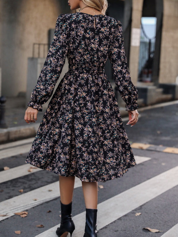 Women's Elegant Round Neck Floral Belt Dress