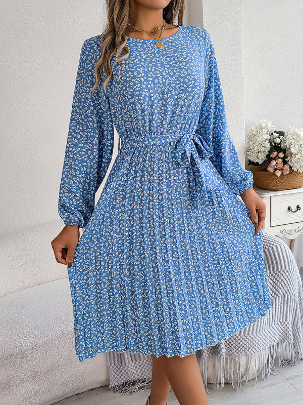Women's casual long-sleeved floral large hem pleated dress