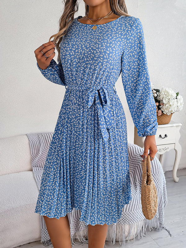 Women's casual long-sleeved floral large hem pleated dress