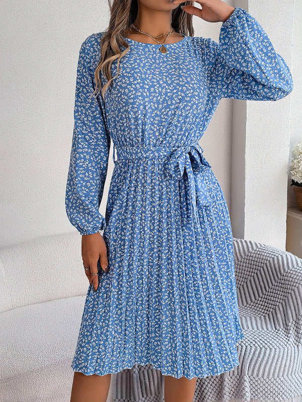 Women's casual long-sleeved floral large hem pleated dress