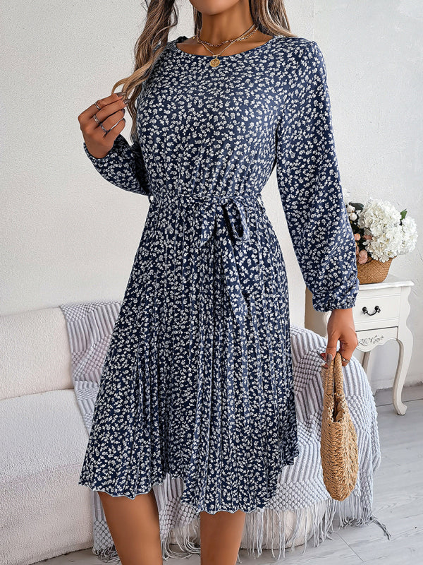 Women's casual long-sleeved floral large hem pleated dress