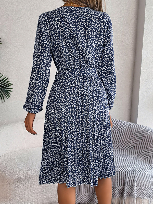 Women's casual long-sleeved floral large hem pleated dress