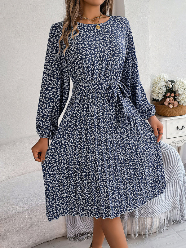 Women's casual long-sleeved floral large hem pleated dress