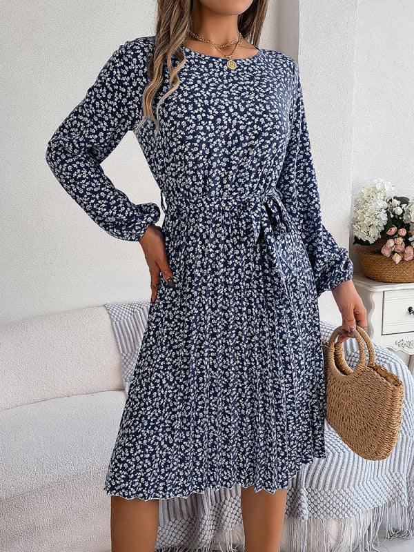 Women's casual long-sleeved floral large hem pleated dress