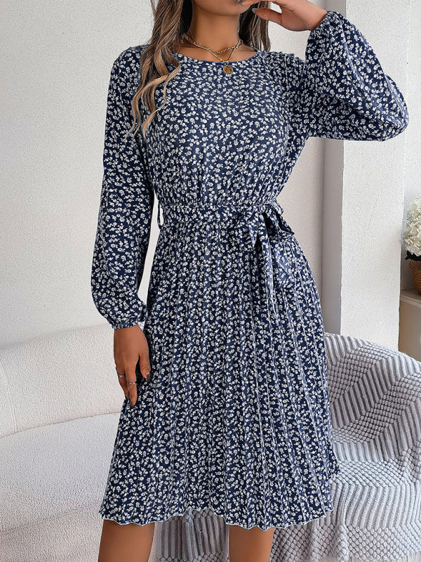 Women's casual long-sleeved floral large hem pleated dress