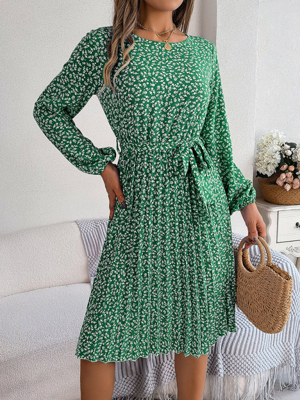 Women's casual long-sleeved floral large hem pleated dress
