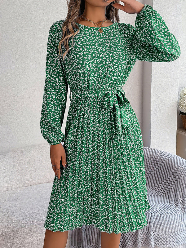 Women's casual long-sleeved floral large hem pleated dress