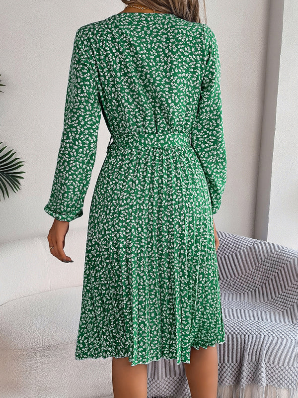 Women's casual long-sleeved floral large hem pleated dress