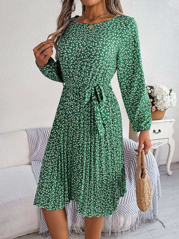 Women's casual long-sleeved floral large hem pleated dress