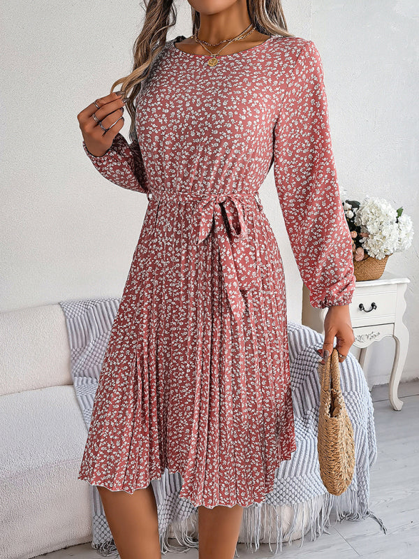 Women's casual long-sleeved floral large hem pleated dress