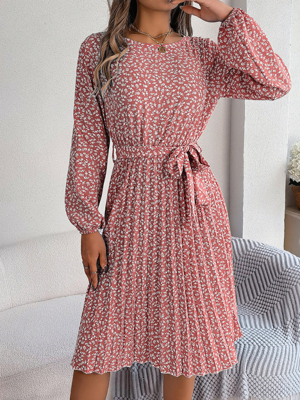 Women's casual long-sleeved floral large hem pleated dress