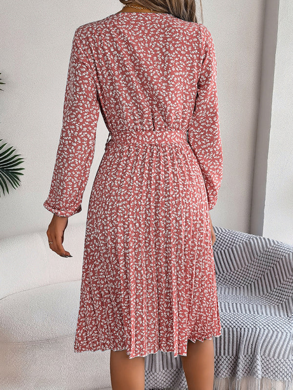 Women's casual long-sleeved floral large hem pleated dress