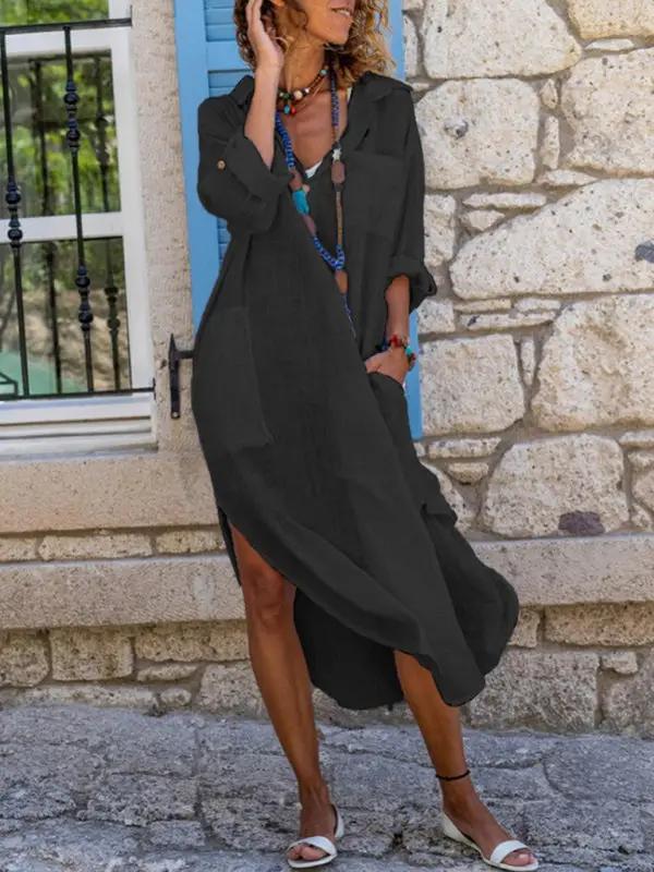 Solid color buttoned slit loose breathable casual long shirt dress