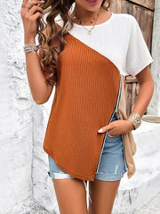 Women's casual color-blocked round neck T-shirt