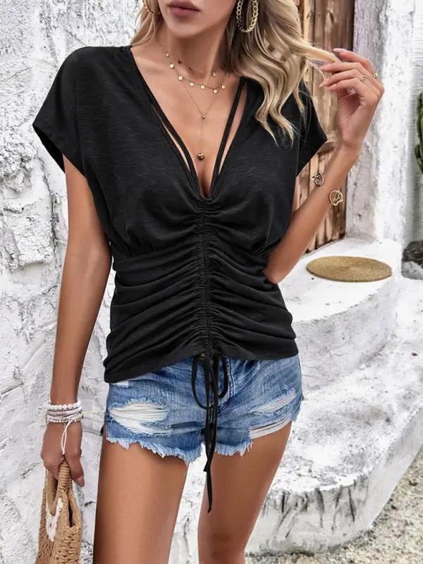 Women's elegant V-neck pleated patchwork short-sleeved T-shirt top