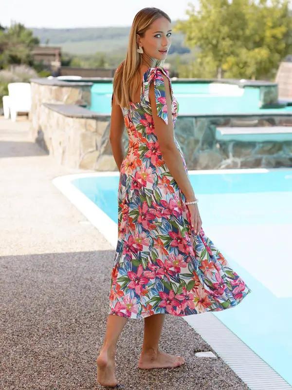 Women's fresh and sweet square neck strap slit large skirt dress
