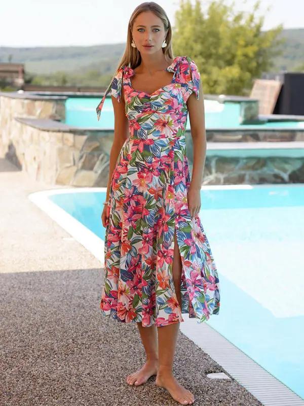 Women's fresh and sweet square neck strap slit large skirt dress