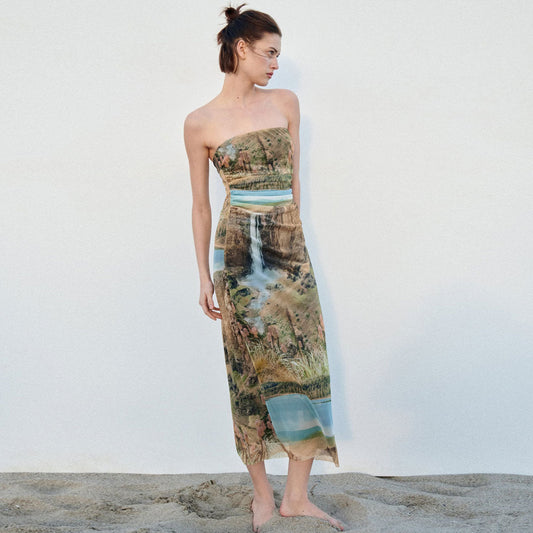 Painterly Printed Ruched Mesh Split Trim Strapless Midi Dress - Green